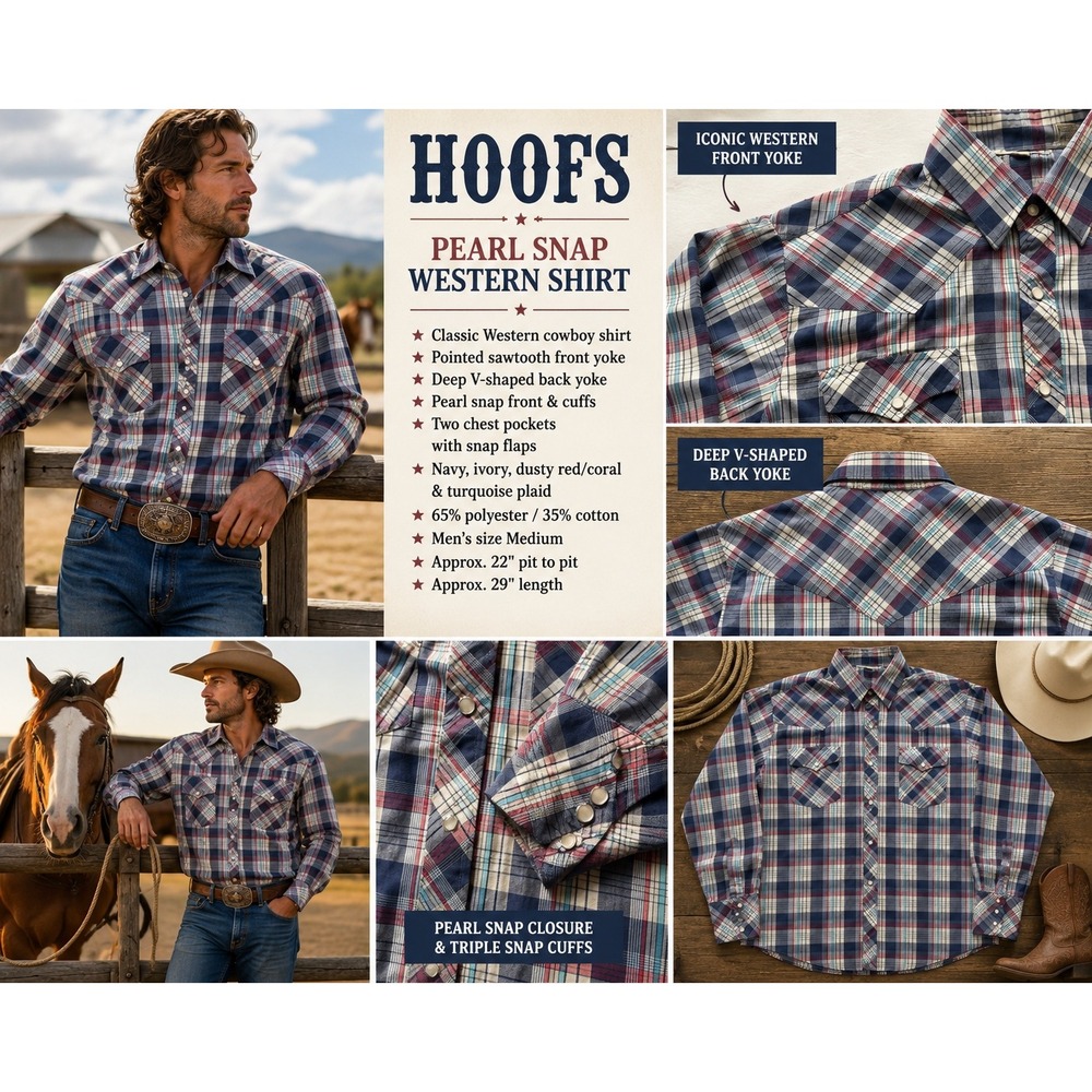 HOOFS Mens M Pearl Snap Western Shirt Plaid Cowboy Sawtooth Yoke Navy Red Rodeo